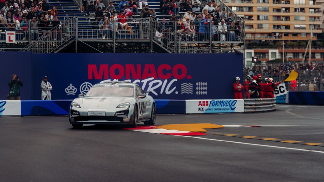 Porsche Taycan Turbo GT, coche de seguridad de la Fórmula E, 2ª carrera del E-Prix de Mónaco, 2025, Porsche AG
